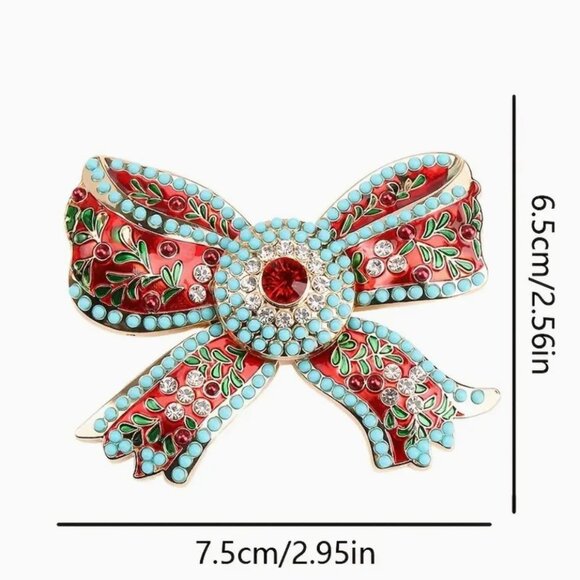 Bow Brooch Gold Tone Enamel Red Green & Turquoise - Picture 2 of 2